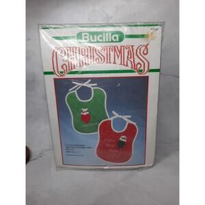 Vintage Bucilla Christmas Quilted Stitchery Bibs Kit Set of 2 I love Christmas
